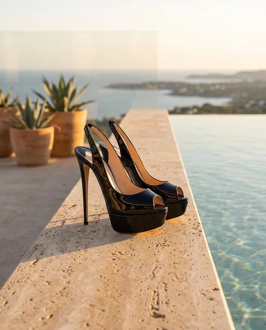 Zwart lak peep-toe platform naaldhak op een travertin rand bij een infinity-pool in het gouden uur