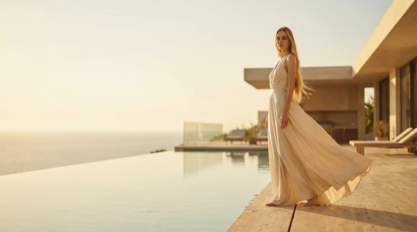 Tall girlie in een champagne zijden gown bij een villa infinity-pool in het gouden uur