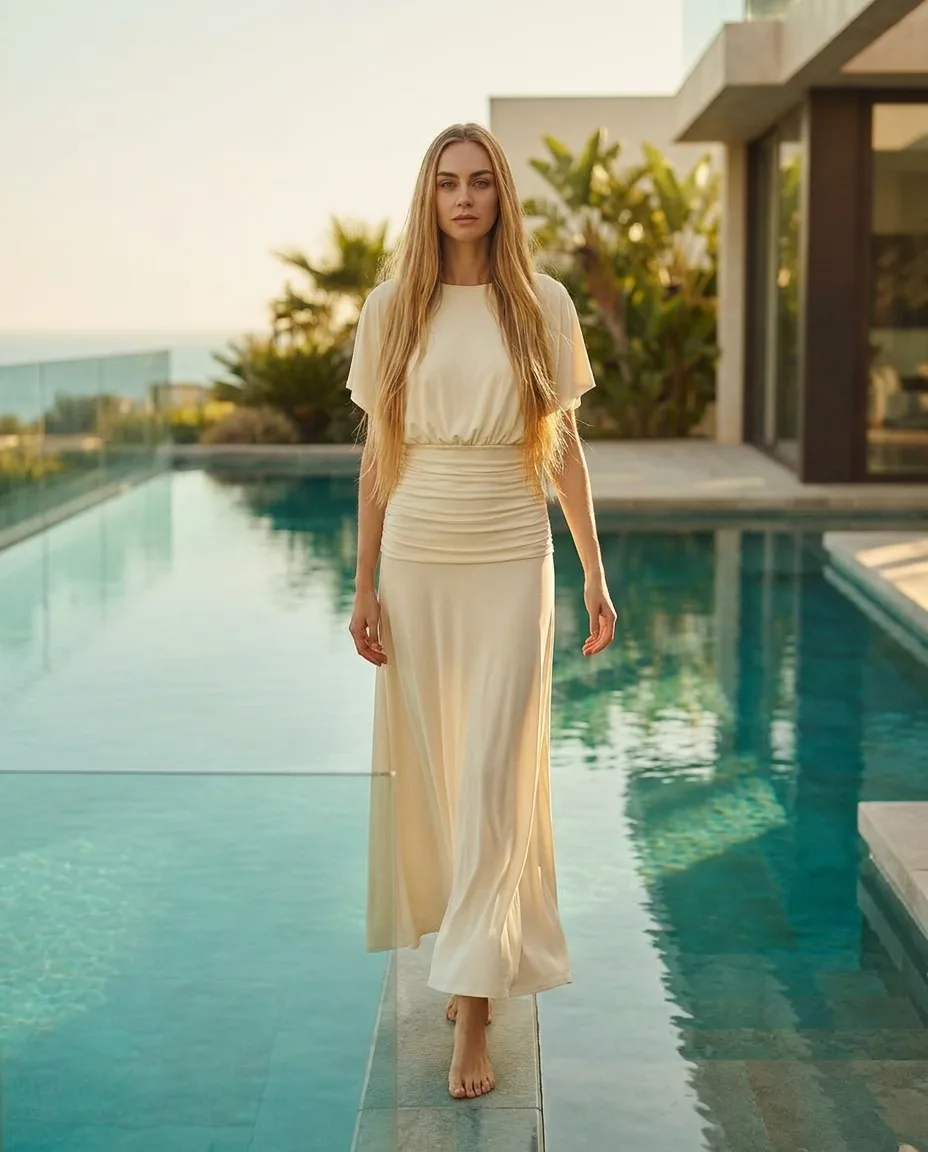 Model in een ivoren geplooide maxi-jurk bij een infinity-pool in het gouden uur